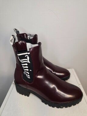 Juicy Couture Women's Maroon Ankle Boots Logo Block Heel Lug Size 8
